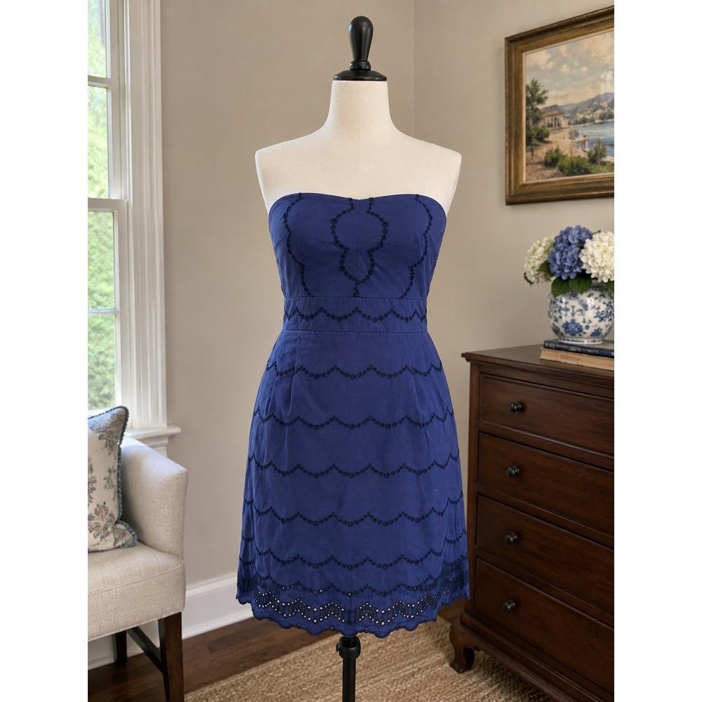 J.Crew Navy Blue 100% Cotton Eyelet Strapless Dress Mediterranean Euro Summer 12